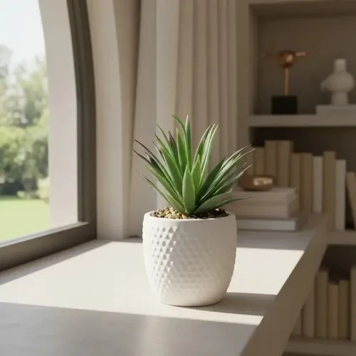 Small artificial aloe-like succulent in a white dimpled round pot