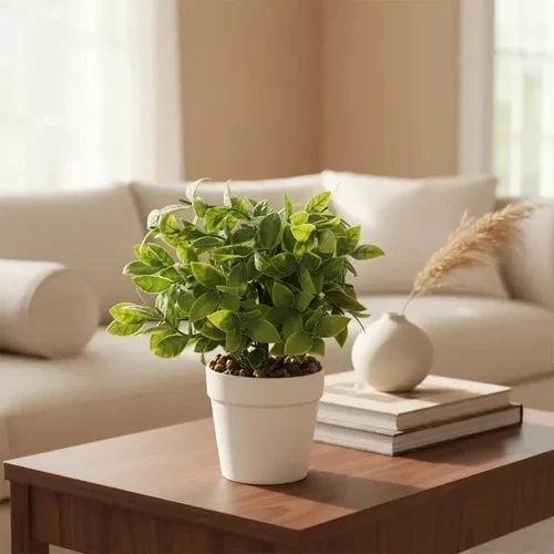 Small artificial leafy plant in a plain white tapered pot