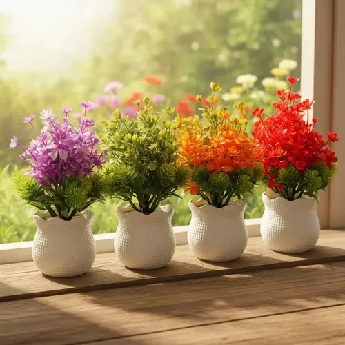 Small artificial flowering plant in a white dimpled bulb-shaped pot