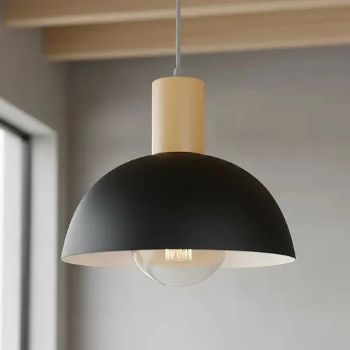 Black metal dome pendant lamp with a light-wood top cylinder