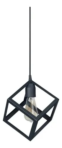Black open wire cube pendant lamp with an exposed bulb