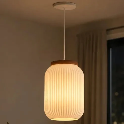 White ribbed capsule-shaped pendant lamp with a wood-tone top cap