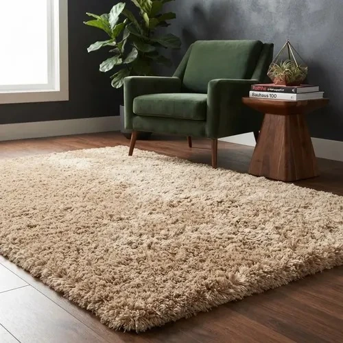 Camel-beige long-pile shag rug, 100 x 130 cm