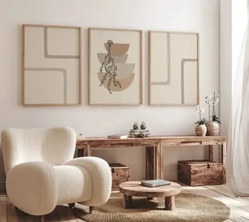 Set of three beige boho abstract prints in light wood frames