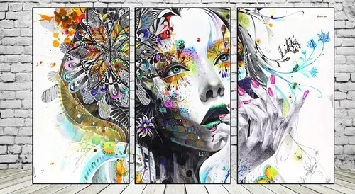 Colorful pop-art woman's face triptych across three panels, 90 x 57 cm