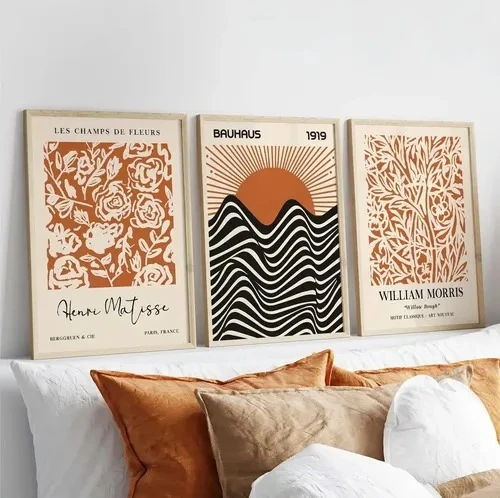 Set of three terracotta-and-cream gallery prints (Matisse florals, Bauhaus sun, William Morris)