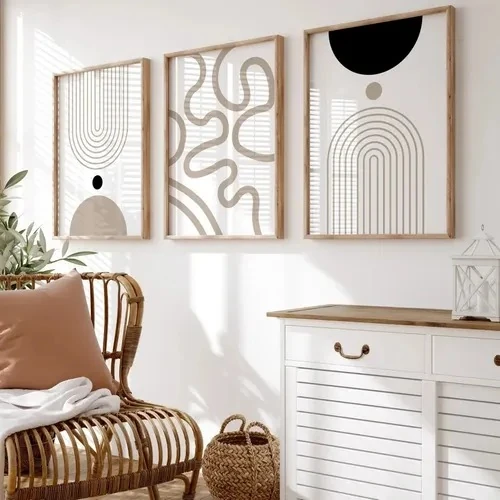 Set of three beige-and-black abstract prints with arches, a wavy line and a black half-moon