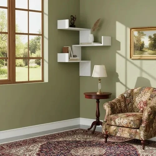 White zigzag corner wall shelf in three stepped tiers