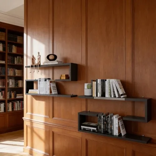 Black staggered floating wall shelves with L-shaped ends