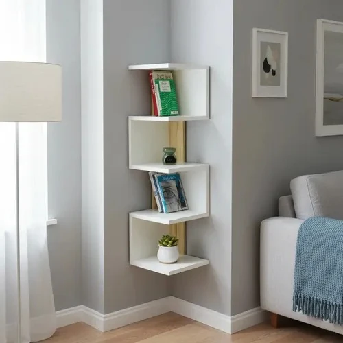 White staggered corner bookshelf with five small open shelves