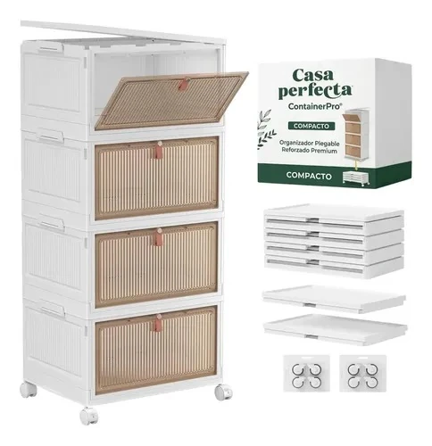 White folding storage tower with four rattan-look drawers on wheels