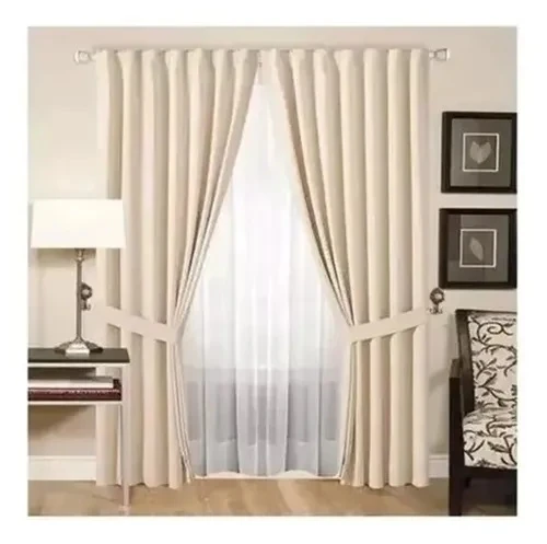 Four-panel curtain set: cream blackout drapes over white sheer voile, with tiebacks