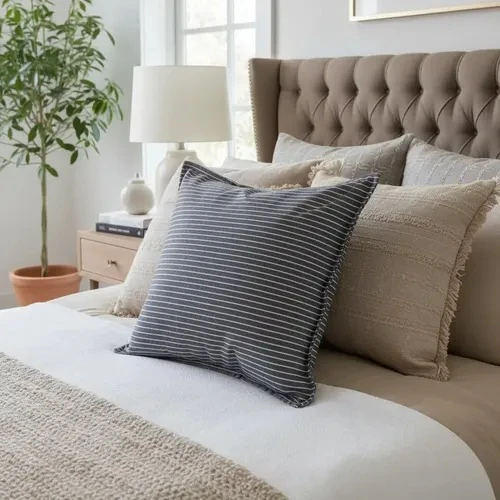 Navy-and-white pinstripe square cushion cover, 40 x 40 cm