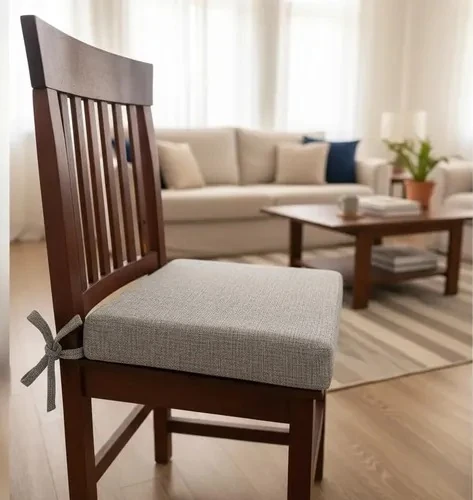 Thick light-gray linen chair-seat cushion with ties, 40 x 40 cm