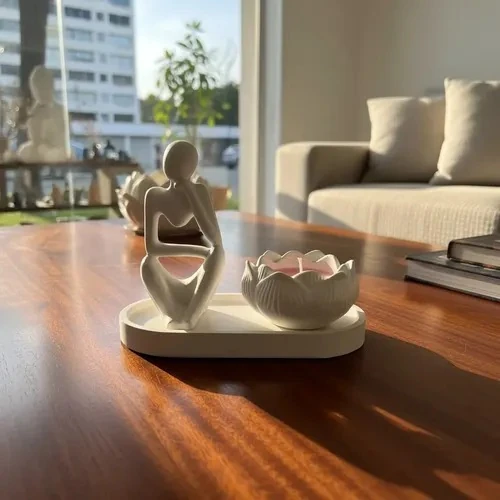 White plaster decor set: thinker figurine, lotus tealight holder and oval tray
