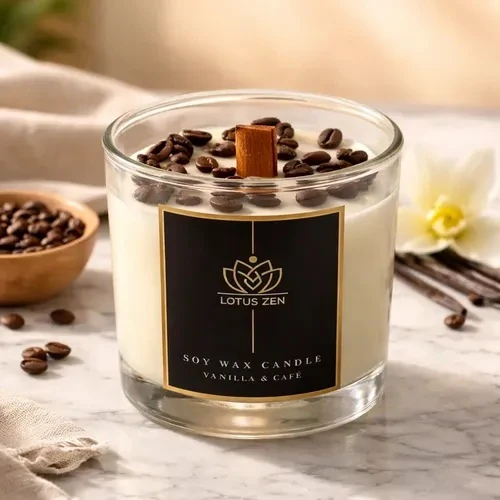 Soy wax candle in a clear glass tumbler with a black label, topped with coffee beans