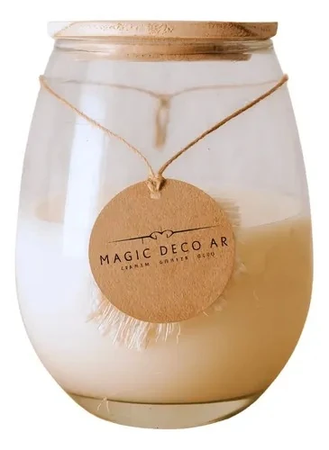 Soy wax candle in a rounded clear glass jar with a pine-wood lid and kraft tag