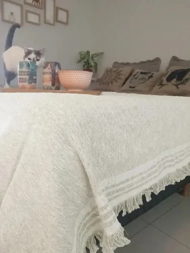 Large off-white rustic throw with gray stripe border and fringe, 230 x 130 cm