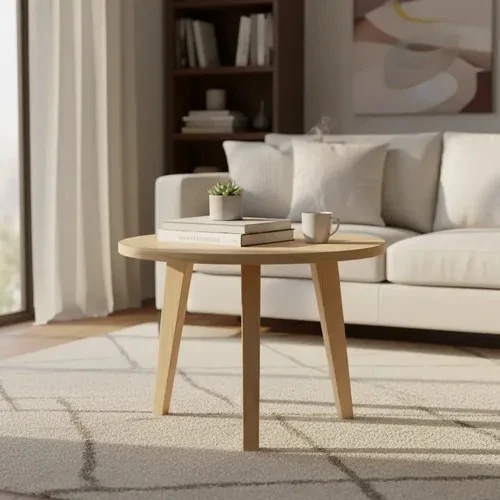 Round light-wood coffee table with four splayed tapered legs