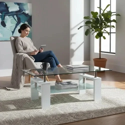 Rectangular glass coffee table with a glossy white base and lower glass shelf