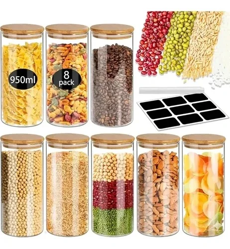 Set of eight tall clear glass jars with bamboo lids, 950 ml, with labels