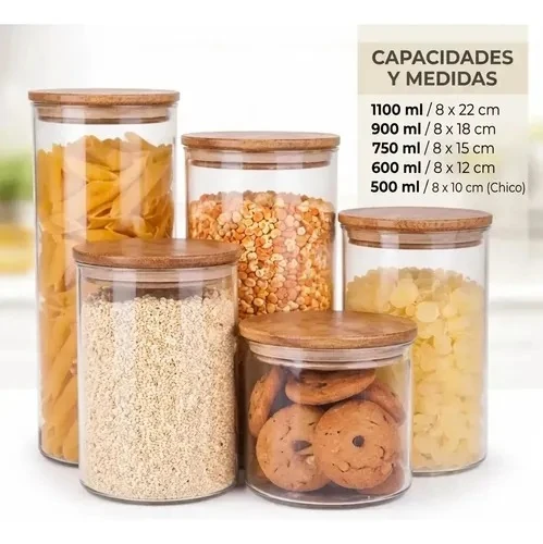 Set of five clear glass jars in graduated sizes with bamboo lids, 500 to 1100 ml