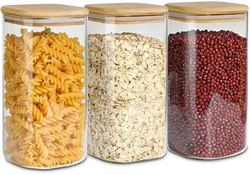 Set of three square clear glass jars with square bamboo lids