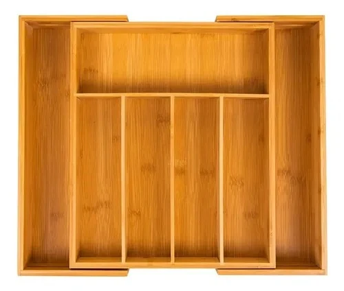 Expandable bamboo cutlery drawer organizer with seven compartments