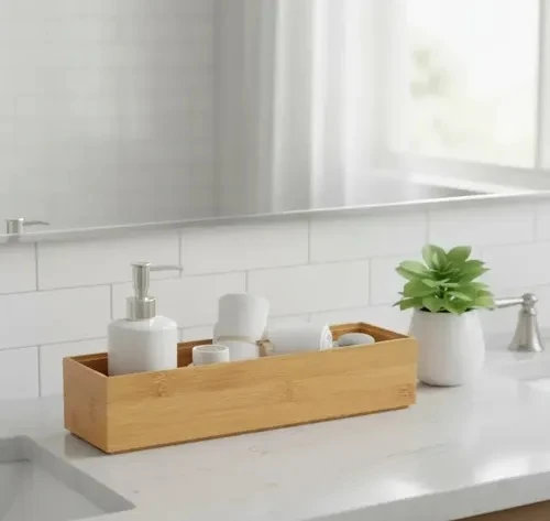 Long low bamboo storage box for a counter or vanity
