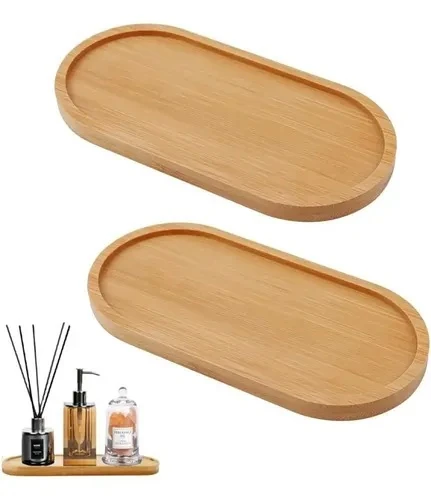 Two oval bamboo serving trays with raised rims, 39 x 14.5 cm