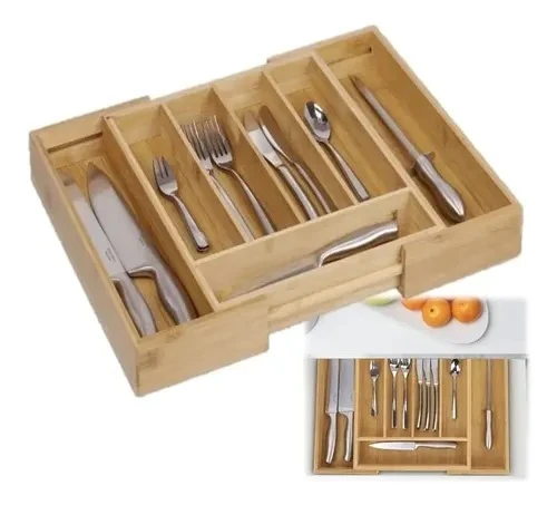 Expandable bamboo cutlery drawer organizer