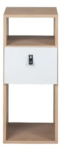 Tall narrow light-oak bedside table with a white middle drawer and open cubbies