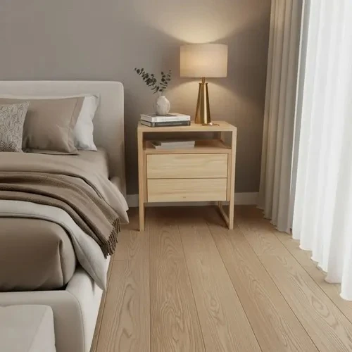 Solid light-pine Nordic bedside table with two drawers and an open shelf