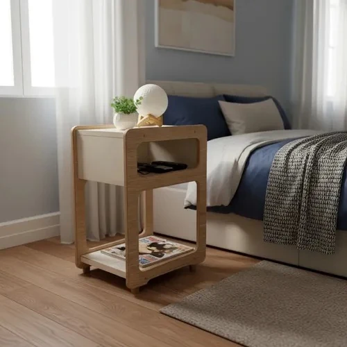 Light-wood bedside table with a rounded open frame, white drawer and lower shelf