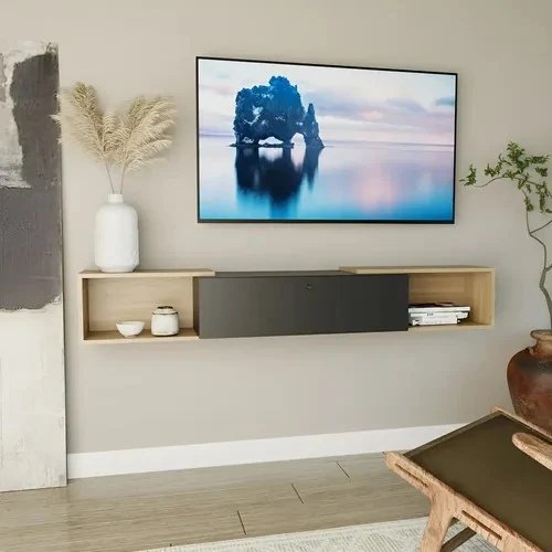 Wall-mounted floating TV unit in light oak with a black center flap door
