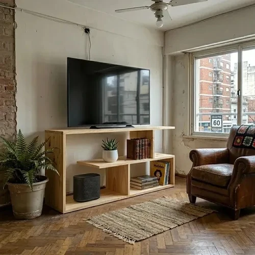 Low raw-pine TV stand with offset open shelves
