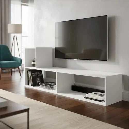 Low white TV unit with long open compartments and a raised side cube