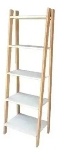 Scandinavian ladder bookshelf with light-wood frame and white shelves