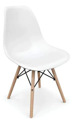 White Eames-style molded shell chair with beech legs and black wire cross-braces
