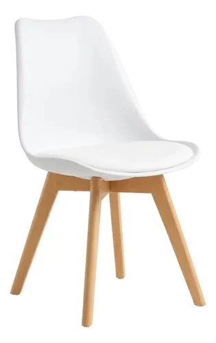 White Tulip-style shell chair with a padded white seat and splayed beech legs