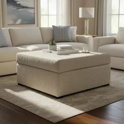 Large square cream bouclé ottoman pouf