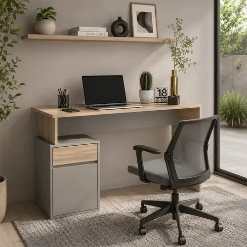 Desk with a light-oak top and a light-gray drawer pedestal, 150 cm