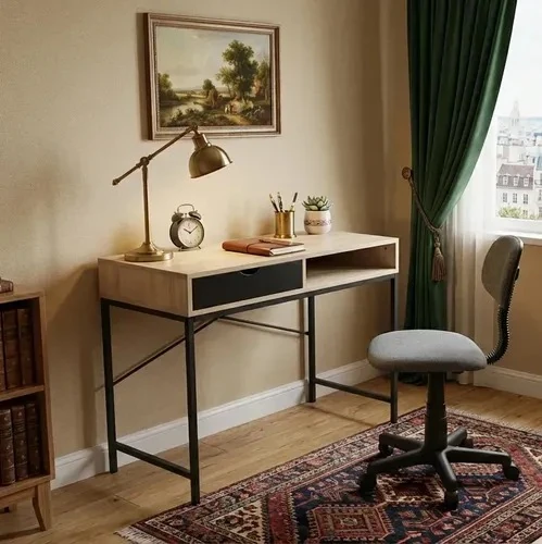 Desk with a black metal frame, light-oak top and black drawer