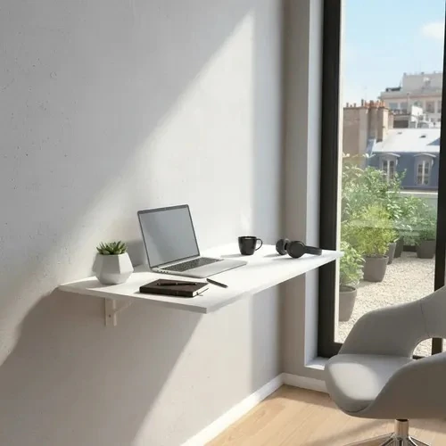 White wall-mounted fold-down desk